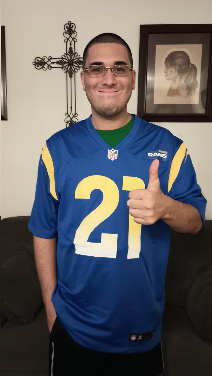 <a href="/MattPena16/">MattPena</a> is happy he got his Zach Evans #21 LA Rams jersey today! Yay! 2023 <a href="/Runzekerun01/">Zach Evans</a>