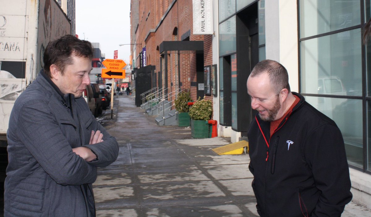 TeslaRoadTrip's tweet photo. February 2, 2014 - The rare opportunity to have a brief 1:1 with @elonmusk in New York City just before the arrival of the Model S’s doing the first Coast to Coast non stop run!  JB Straubel was there too!
@Tesla @TeslaCharging #CoastToCoast #DriveFree https://t.co/Dpso3zeGi4