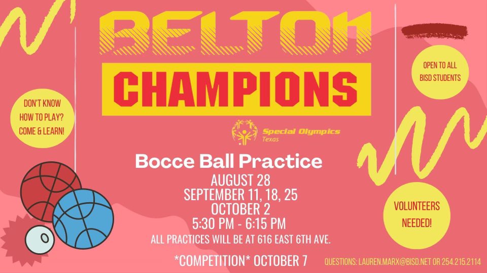 BeltonISDHR's tweet photo. Special Olympics Belton Champions!  Time to practice Bocce Ball - Who’s in????
We would love to have new athletes and volunteers!  Got questions or want to help ….email Lauren.Marx@bisd.net 
#eachandeverystudent 
@BeltonISD https://t.co/evlerpUCXe