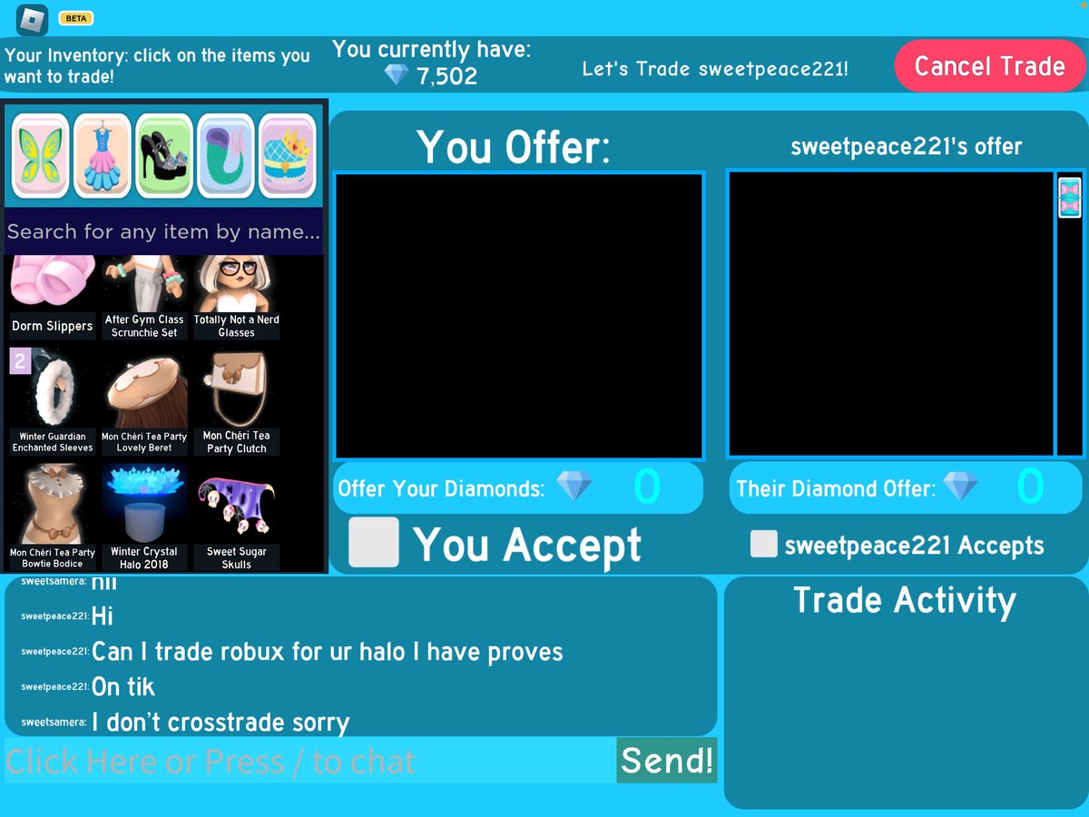 please report “ sweetpeace221 “ on Roblox! 
she scammed people in adopt me and royal high

recently she tried to scam me by crosstrading for my halo
I said “ I didn’t crosstrade “ bc I don’t crosstrade my halo(s)
she started calling me selfish, stupid and more death threats