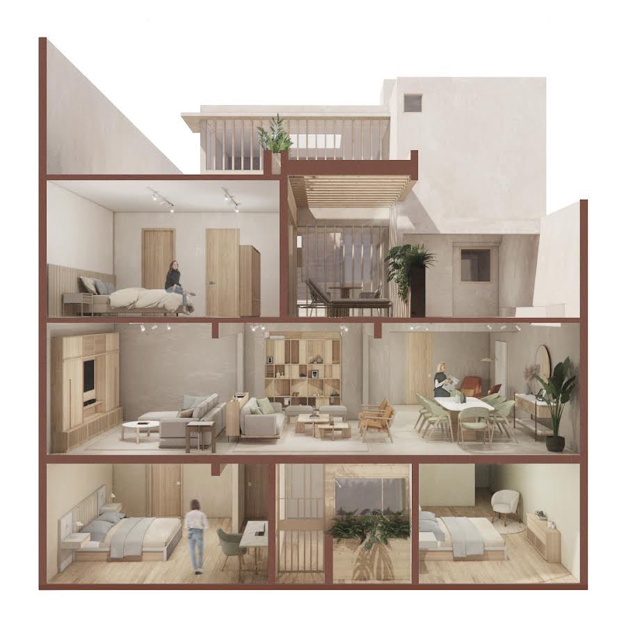 Sección perspectivada para explicar el desarrollo de los niveles de la casa ADT. Remodelación mayor y ampliación de una casa de los sesentas en Cdmx.