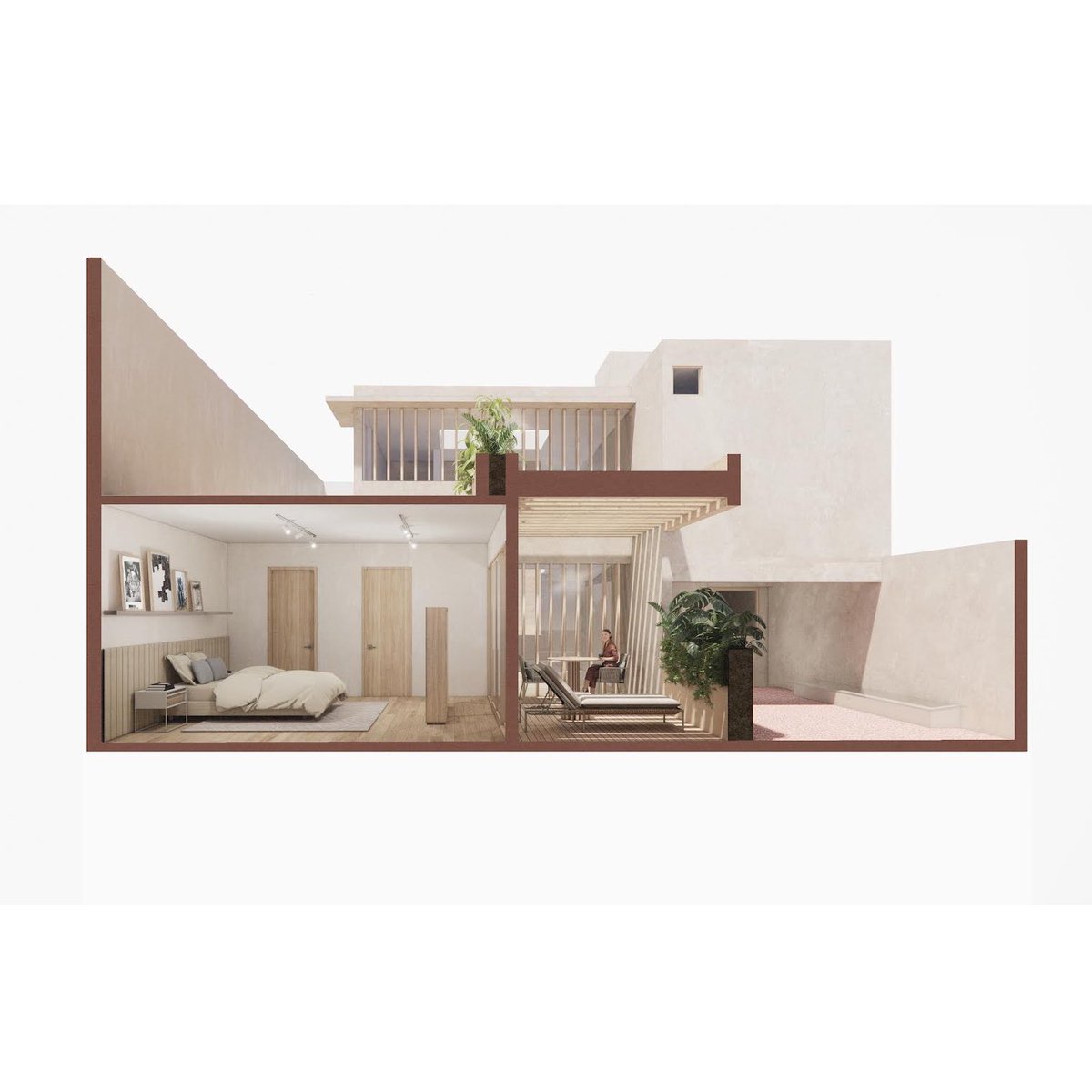 Corte por recámara principal y la terraza.