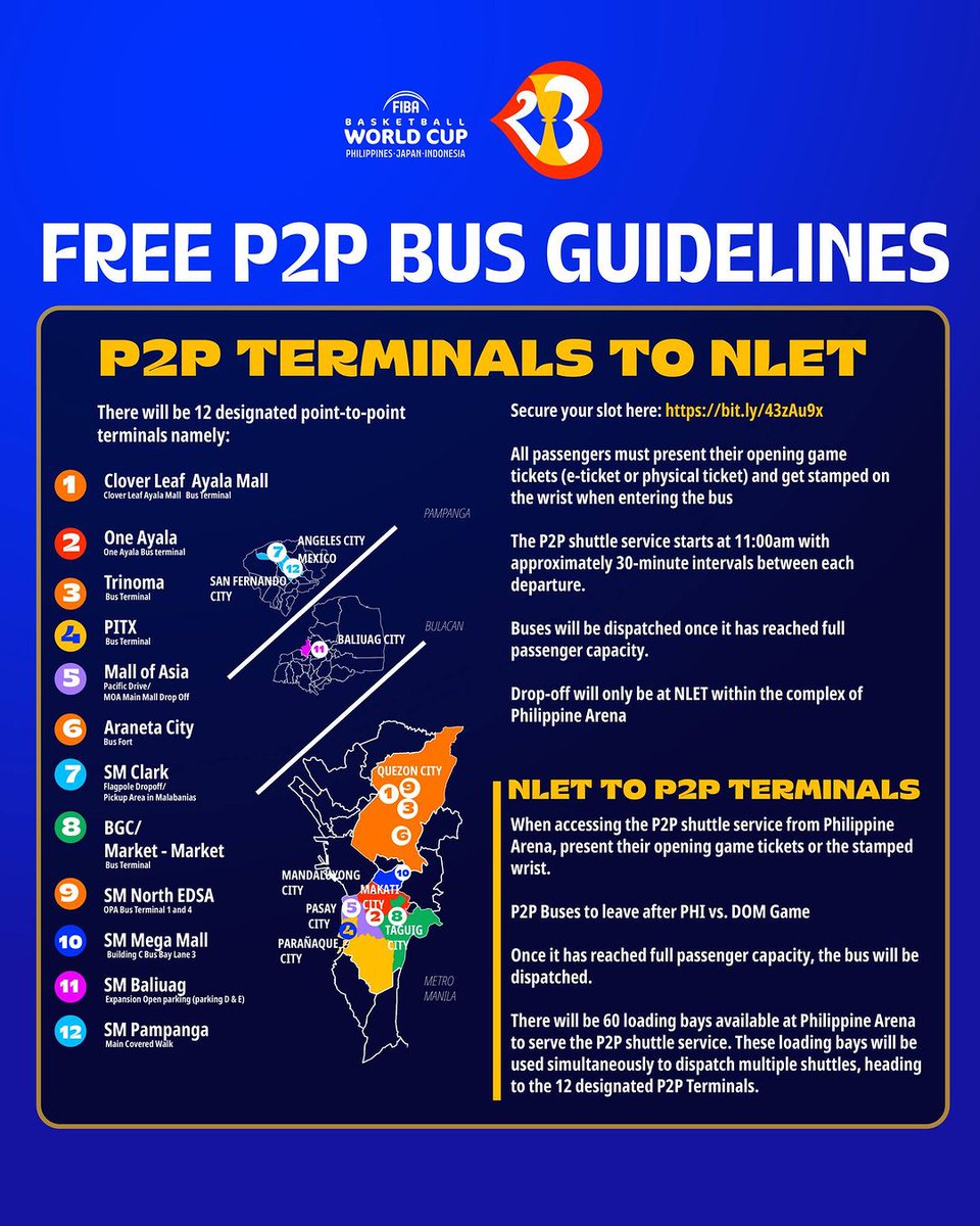 We'll have free P2P buses for those watching the opening games of the FIBA 2023 Basketball World Cup this Friday, 25th August 2023—please be guided accordingly by this graphic. Follow @officialSBPinc for more guidelines that can make your experience as convenient as possible.