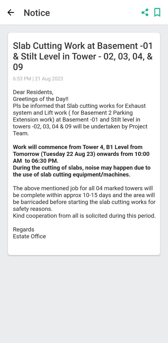 itsankur3's tweet photo. @DC_Gurugram @cmohry As a resident of @M3MTheMarina I got this notice from EM office late night stating they will do slab cutting in our fully loaded towers. This is a high risk for high rise building staking life of 600+ families Appreciate your immediate attention # https://t.co/0nRm1OpNnM