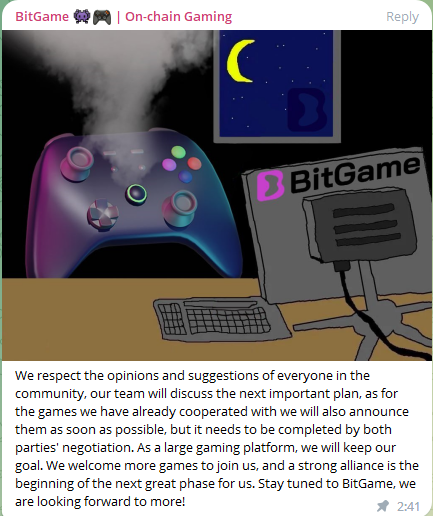 BitGame_'s tweet photo. We respect the opinions and suggestions of everyone in the community, our team will discuss the next important plan, as for the games we have already cooperated with we will also announce them as soon as possible, but it needs to be completed by both parties' negotiation. 🤝🤝🤝 https://t.co/BgyzcA2r0B