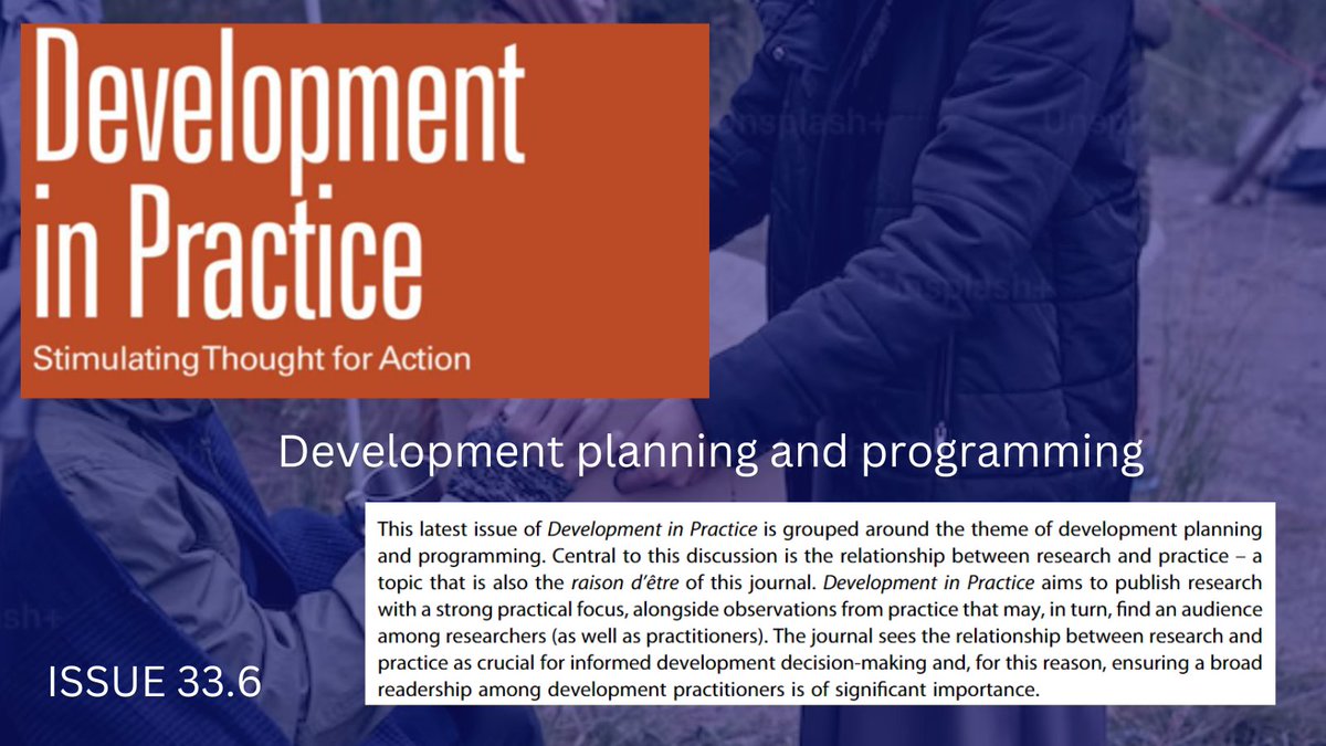 DipDsaa's tweet image. DiP's latest issue is now out, focusing on the relationship between development and practice: Read the editorial here:
doi.org/10.1080/096145…
#DevelopmentPractice
#AcademicChatter
#AcademicTwitter