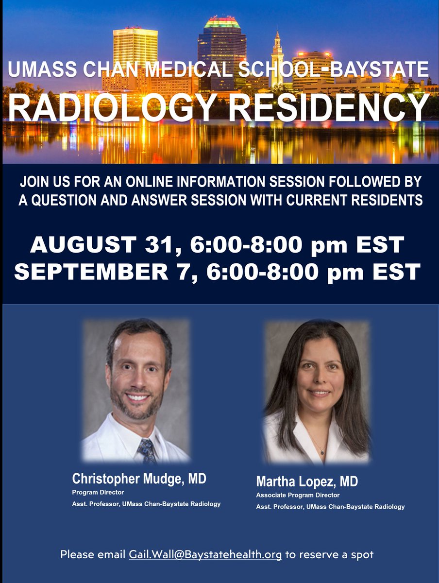 It is time to get to know us!!  Sign up and join us at our next virtual open house on Aug 31st and Sept 7th. Join the conversation and get a closer look of our residency program. Meet our leadership, amazing residents, and ask questions
<a href="/futureradres/">Future Radiology Residents</a> <a href="/AMSERRads/">AMSER</a> #MedStudents