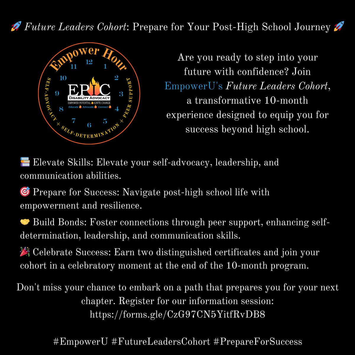 Steele4TUHSD's tweet photo. 🚀 Calling Future Leaders! 🚀
Introducing EPIC's Future Leaders Cohort! High school/transition age students, gear up to gain essential skills, boost confidence, and enhance self-advocacy. 

#EmpowerU #FutureLeadersCohort #PrepareForSuccess https://t.co/rfShXnRtu2