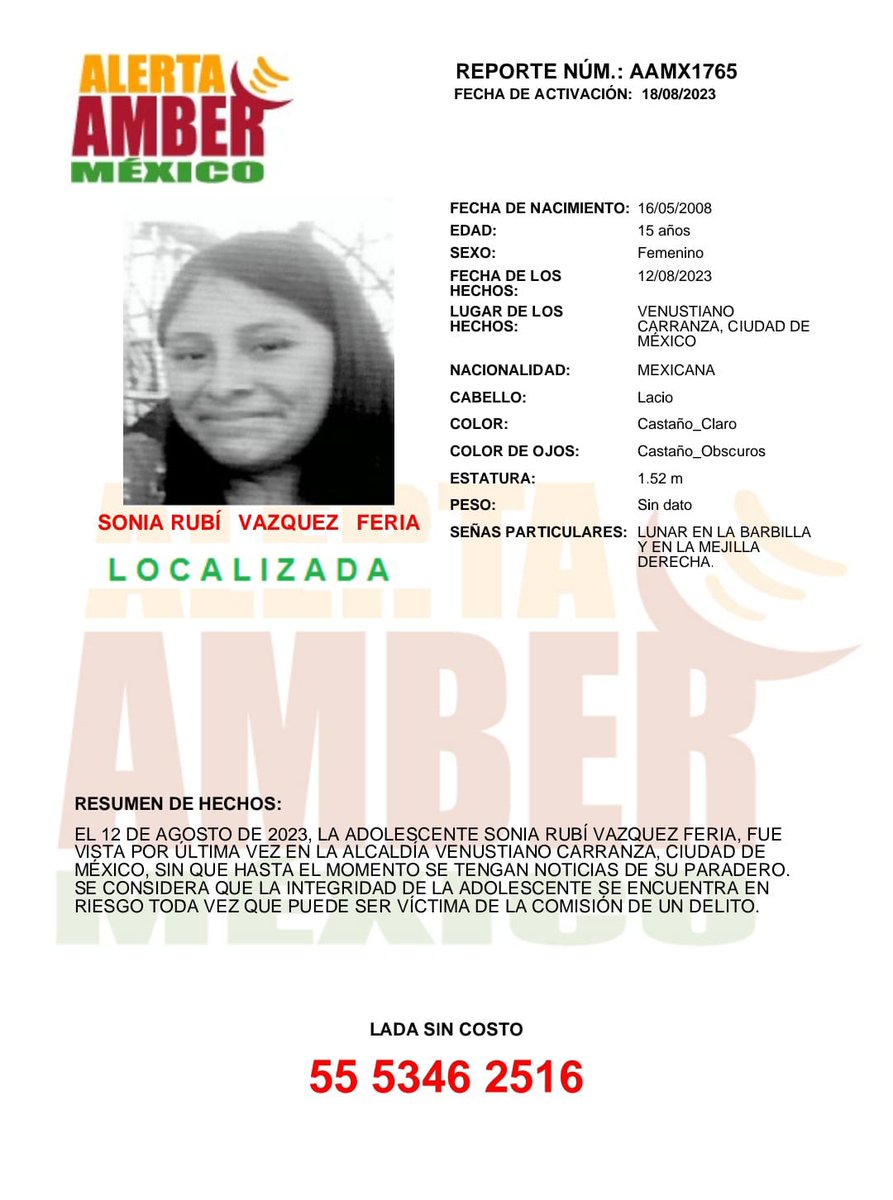 FEMDLPAGS's tweet photo. Se informa a la ciudadanía que la menor Sonia Rubí Vázquez Feria ha sido LOCALIZADA, gracias por su colaboración. https://t.co/JpTt4TxWZv