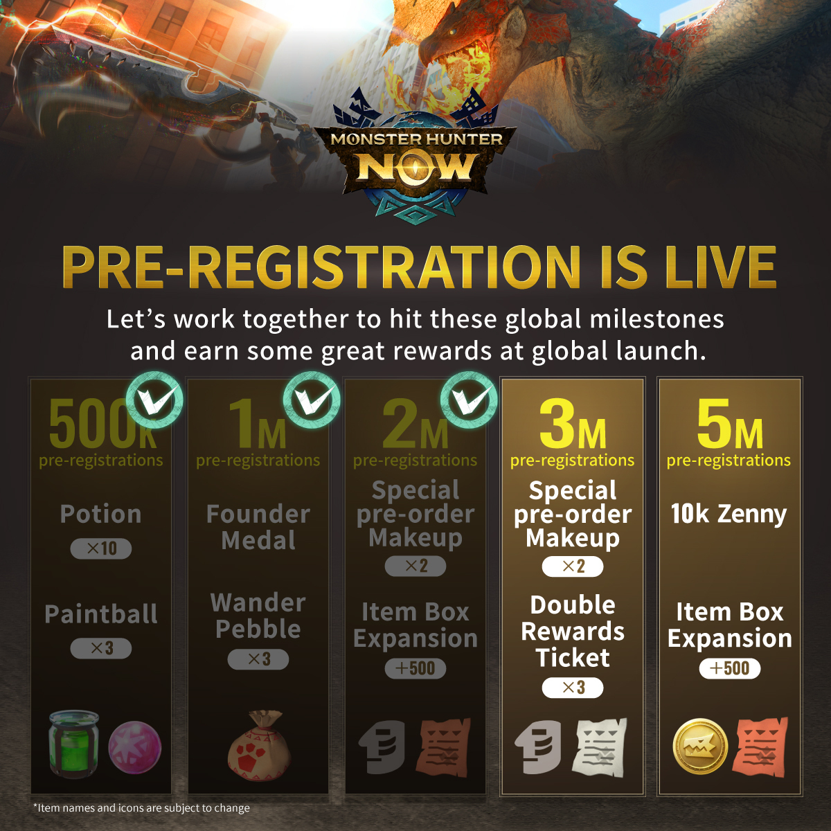 ＼🎉2m Pre-Registrations／

To celebrate this milestone, we'll be rewarding the following at release:

🎨Two types of special pre-order Makeup 
🧰A 500-slot Item Box Expansion

Next up is 3m pre-orders❗
Sign up together and get ready to hunt ✊
mhn-web.onelink.me/ZLW3/147hn84i

#MHNow