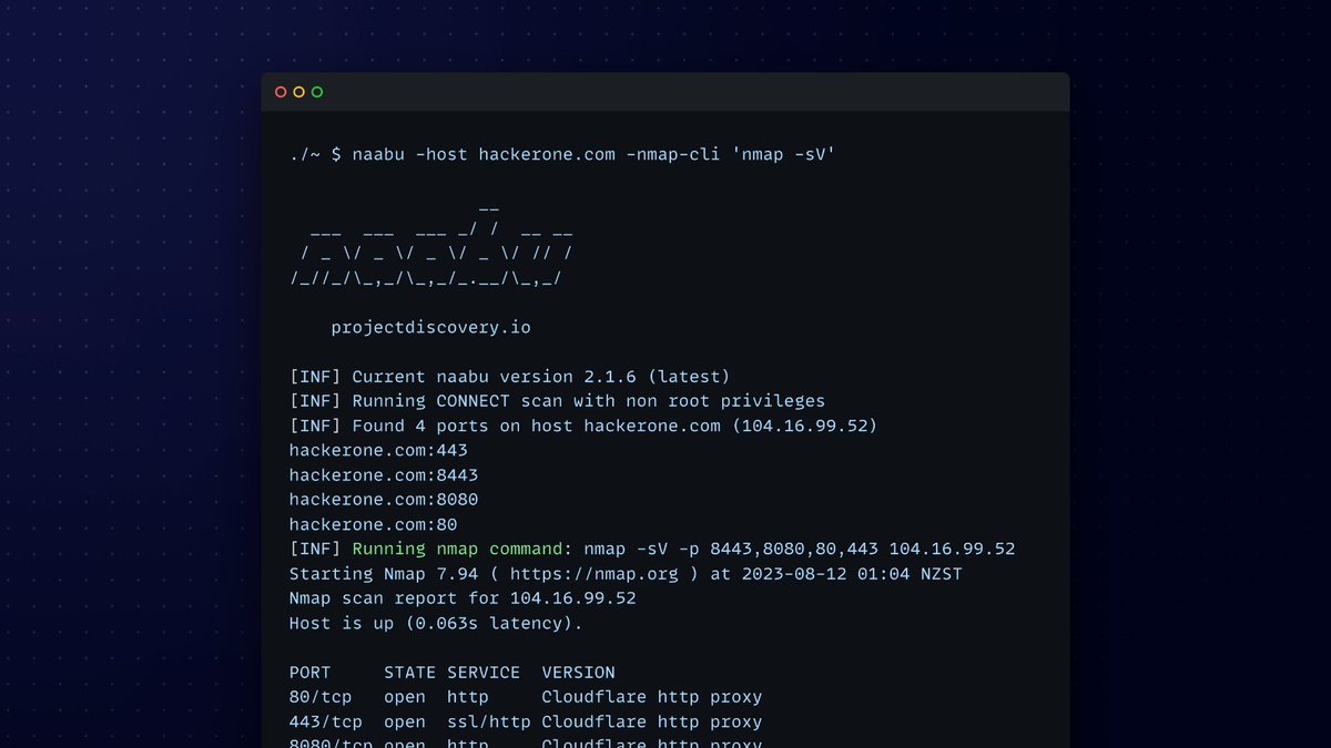 pdiscoveryio's tweet image. 💡 Pro Tip: Quickly enumerate open ports and pass the results to a more rigorous nmap scan with naabu!

⏱ Need a fast yet reliable port scanner? 🏎💨

Install naabu now 👉🔗 github.com/projectdiscove…

#hackwithautomation #opensource #portscanning
