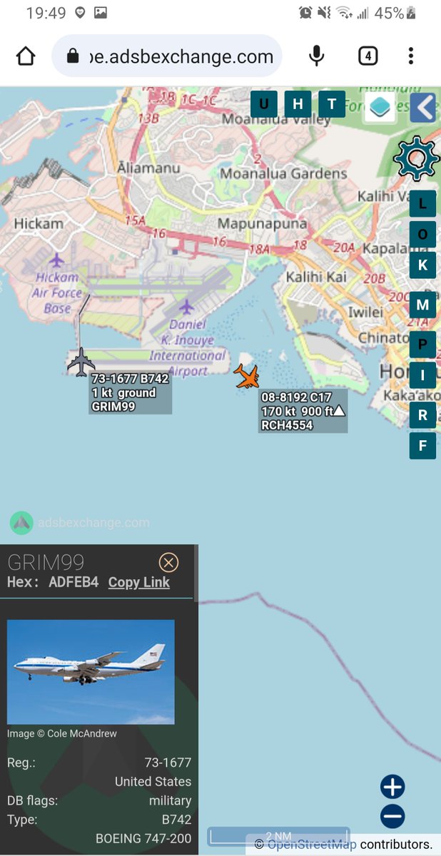 Borrowed7Time's tweet photo. Aircraft leaving #PHNL. These accompanied #JoeBiden on his #Maui visit.

Bonus: #Biden departing #PHOG on a C-32 instead of the VC-25 

09-0018 #AE4AEC C-32 #MC1 (#AirForceOne)
09-0016 #AE4AE8 C-32
73-1677 #ADFEB4 E-4B Nightwatch #GRIM99
08-8192 #AE2FA4 C-17 #RCH4554 https://t.co/rLRoM8tQAS