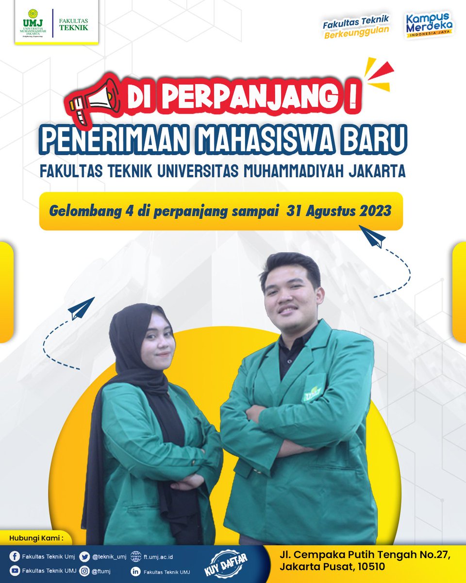 [Informasi]
Pendaftaran Penerimaan Mahasiswa Baru (PMB) 
Fakultas Teknik UMJ diperpanjang lho~
.
Yuk segera daftar dan jadilah salah satu penerima beasiswa unggulan kami! 

ditunggu ya Engineers... 

#umjunggul #kuliahdiumj #banggakuliahdiumj #Muhammadiyah #kampusislami #MyUMJ