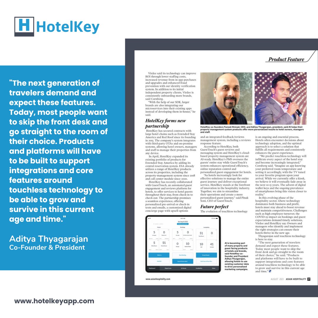 HotelKey (@hotelkeyinc) on Twitter photo HotelKey founders, Fareed Ahmad & Aditya Thyagarajan, spoke to <a href="/AMG_AH/">Asian Hospitality</a> about touchless technology, AI-ready products, and the latest in HotelKey news.
bit.ly/3E4ueLB HotelKey founders, Fareed Ahmad & Aditya Thyagarajan, spoke to <a href="/AMG_AH/">Asian Hospitality</a> about touchless technology, AI-ready products, and the latest in HotelKey news.
bit.ly/3E4ueLB