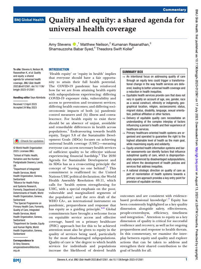 "Equity-oriented health information systems and barrier assessments can identify factors that influence suboptimal quality of care.. and inform the development of health policies and services that address inequities." <a href="/AmyJStevens1/">Amy Stevens</a>

📣 New Commentary ➡️ gh.bmj.com/content/8/7/e0…