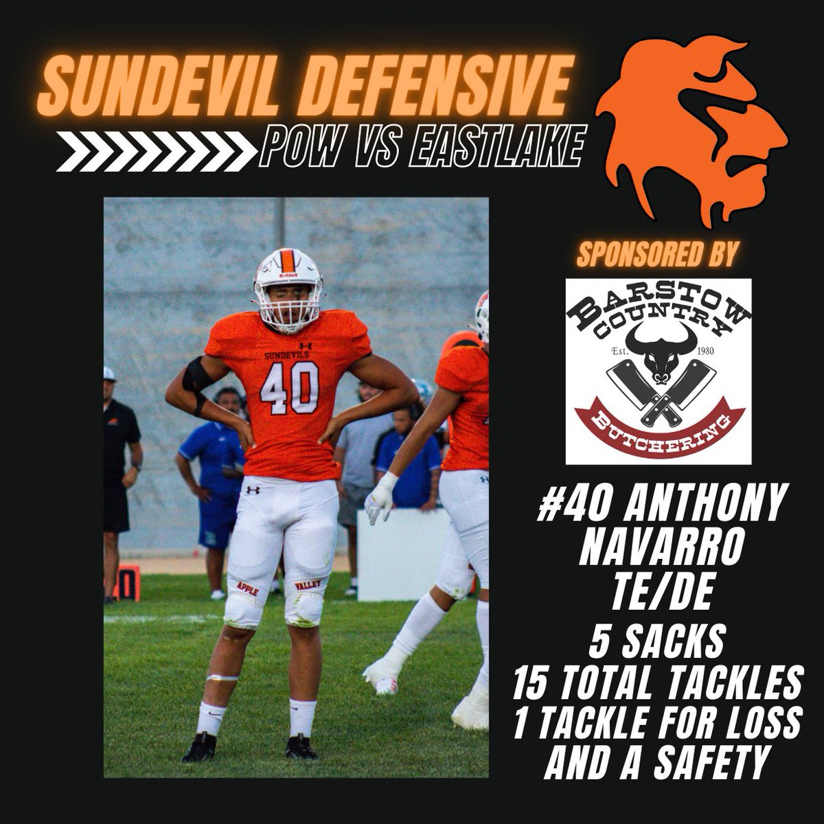 Sundevil Defensive Player Of The Week is sponsored by Trident Club supporter, Barstow Country Butchering 🥩 #40 TE/DE Anthony Navarro had 5 sacks, 15 total tackles, 1 tackle for loss, and a safety! Great Job Sundevil! 🔸