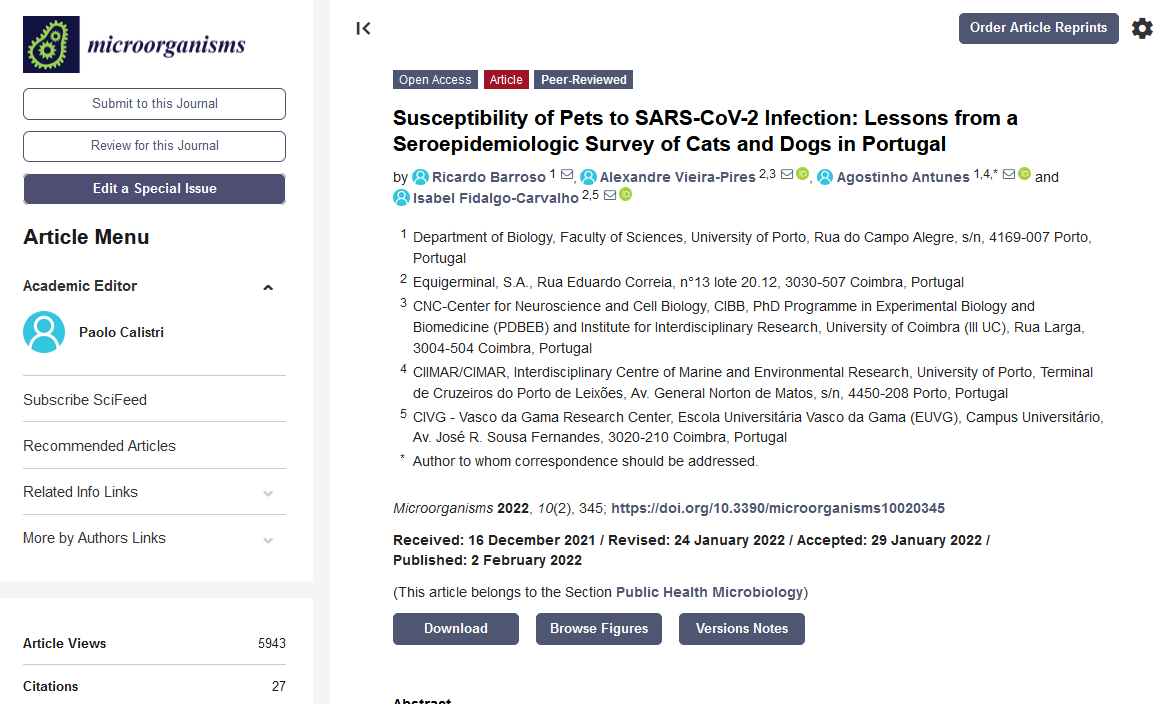 Micro_MDPI's tweet photo. #HighlyCitedPapers
📚#Susceptibility of Pets to #SARS-CoV-2 Infection: Lessons from a Seroepidemiologic Survey of Cats and Dogs in Portugal
🔗https://t.co/aFmGvor7aV
👨‍🔬 By Dr. Agostinho Antunes et al. https://t.co/eURoabe7tS
