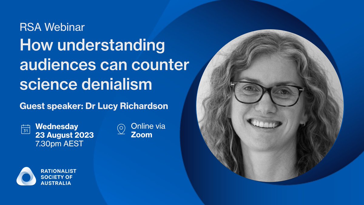 ⚠️REMINDER: Dr Lucy Richardson, of Monash Climate Change Communication Research Hub, will join our RSA Webinar on Wednesday to share her expertise on the problem of science denialism and how to counter it. To attend, register here: tinyurl.com/3pfufdjy
#auspol <a href="/PsyCom_Lucy/">Lucy Richardson</a>