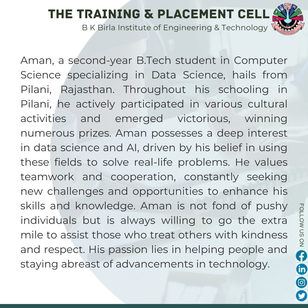 TBkbiet's tweet photo. We are thrilled to introduce Aman Tanwar, the latest inclusion in our esteemed Student Coordinators Team at the Training and Placement Cell, BKBIET. Join us in celebrating his arrival and remarkable contributions!
Swipe left to see more...
#placementteam #placementcell https://t.co/z5tGK2WdOA