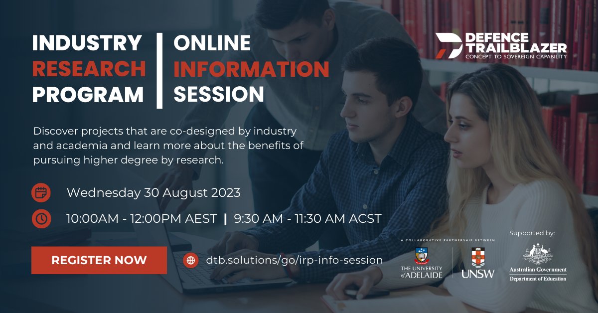 Interested in undertaking an industry-led postgrad research degree with real-world applications? 

Join our online upcoming information session to learn more: lnkd.in/gYEsi_wb

📆 Wednesday 30 August 2023
🕙 10:00AM - 12:00PM AEST | 9:30AM - 11:30AM ACST
