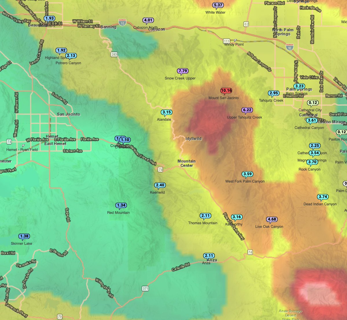 Looks like some spots in eastern San Diego and Riverside Counties got almost half of their avg annual rainfall ... in 24 hours!   cnrfc.noaa.gov/ol.php?product…
#CAwx #Hilary