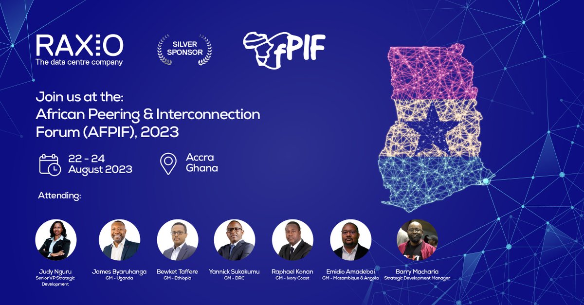 raxio_group's tweet photo. Our team, including GMs from six African countries, Senior VP Judy Nguru, and Manager Barry Macharia, are at #AFPIF2023 in Accra. We're discussing Africa's peering and interconnection future. Join us in shaping Africa's digital landscape. #RaxioGroup #Raxio https://t.co/oQer145VHT