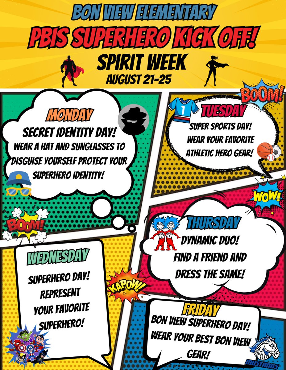Tuesday 8/22 is super sports day! Wear your favorite sports gear to participate in our PBIS SPIRIT WEEK!
