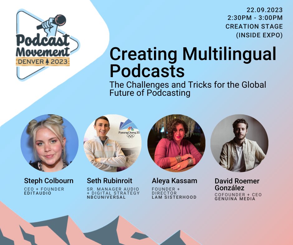 TUESDAY. 2:30PM. Creation Stage at @PodcastMovement! I’ll be joined by the incredible @SRubinroit, @aleyakassam and @GenuinaMedia to discuss the global future of podcasting and the challenges we’ve faced from creating content in multiple languages. I’m so excited and honored!