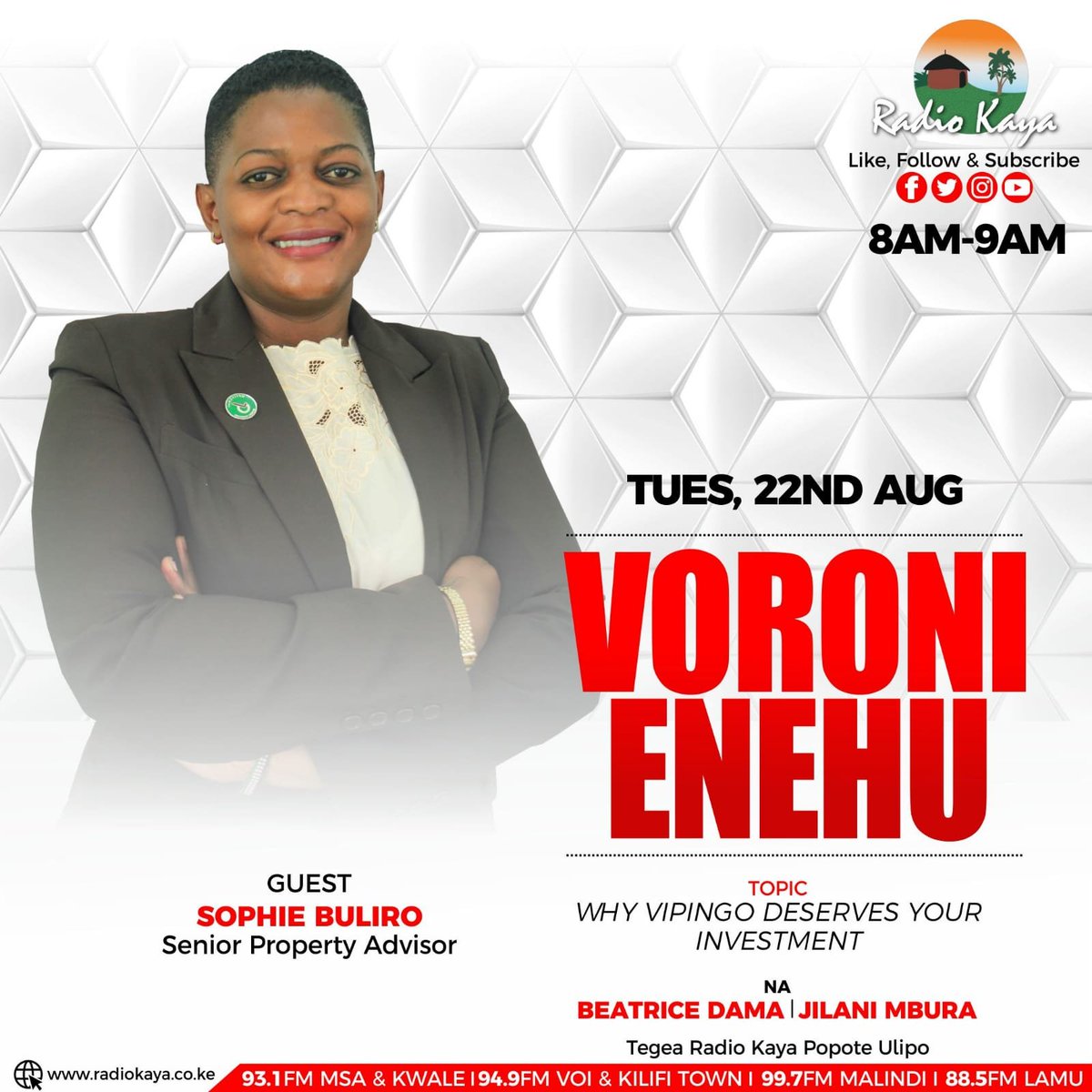 RadioKaya's tweet photo. Asubuhi njema.
Usikose kutegea mahojiano haya kuanzia saa 8:00am tukizungumzia swala zima la kwa nini uwekeze katika eneo la Vipingo.
#Optiven #invest
#investments #property #talkshow https://t.co/iNdpjhaM5b