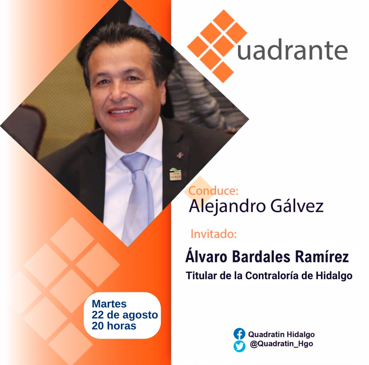 Quadratin_Hgo's tweet photo. 📌 #Entérate 📌
🔴👉 No te pierdas este #Martes 22 de #Agosto la entrevista en #Quadrante con el titular de la Contraloría de Hidalgo, Álvaro Bardales Ramírez, en punto de las 20 horas por la #RedDeQuadratín https://t.co/ElpTDVFMh7
