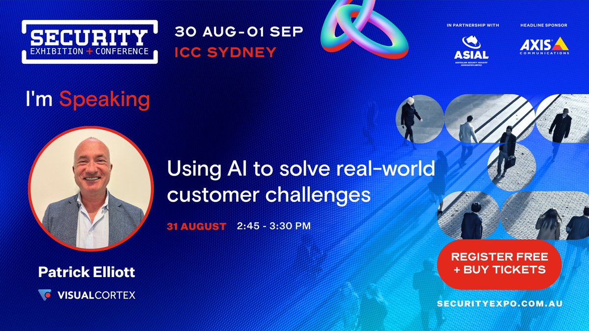 VisualCortex (@visualcortexapp) on Twitter photo SESSION ALERT: bit.ly/3OpbRFZ
Join <a href="/VisualCortexApp/">VisualCortex</a>, CEO Pat Elliott, to discuss FINALLY connecting #ComputerVision technology to real-world business outcomes @Security_Expo 2023
Agenda details: bit.ly/3YJumtv
<a href="/asial_au/">ASIAL</a> #asial #Security2023 <a href="/AxisIPVideo/">Axis Communications</a> SESSION ALERT: bit.ly/3OpbRFZ
Join <a href="/VisualCortexApp/">VisualCortex</a>, CEO Pat Elliott, to discuss FINALLY connecting #ComputerVision technology to real-world business outcomes @Security_Expo 2023
Agenda details: bit.ly/3YJumtv
<a href="/asial_au/">ASIAL</a> #asial #Security2023 <a href="/AxisIPVideo/">Axis Communications</a>