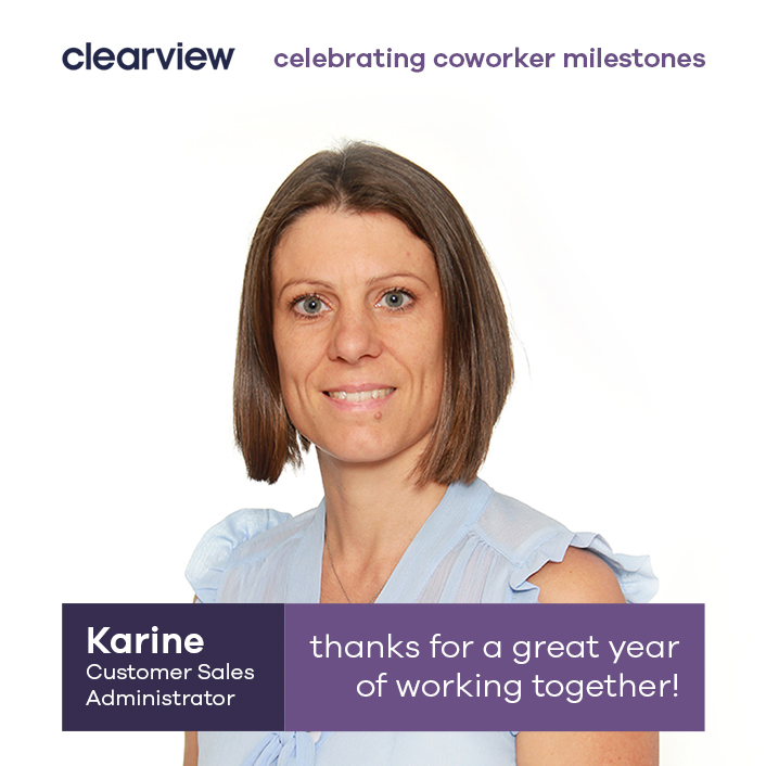Time to celebrate! 🎉

Last week marked one year of working with Karine, our talented and wonderful Customer Sales Administrator. We're very glad to have her on board.

Thanks, Karine!

#RecogniseGreatness #EmployeeMilestones #CelebrateWinning #TogetherWeSeeFurther #Clearview