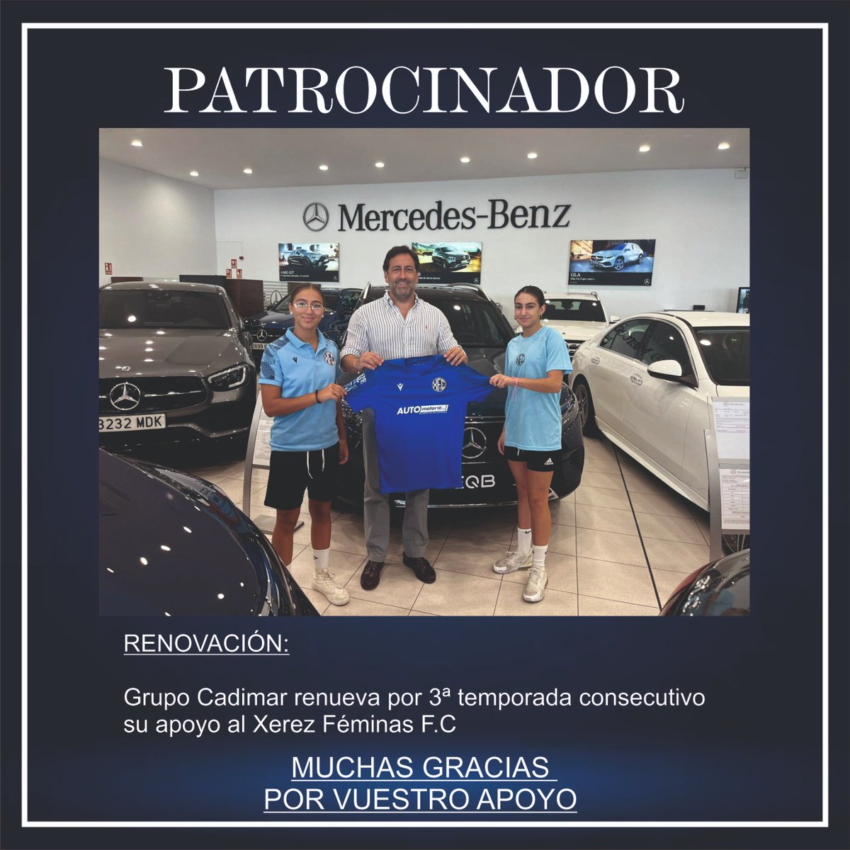 XerezFemFC's tweet photo. PATROCINADOR:

@CadimarMercedes renueva por 3ª temp consecutiva su compromiso y apoyo con el deporte femenino y seguirá siendo patrocinador principal en las camisetas del CADETE en 1ªANDALUZA.

#SienteloComoEllas
#XerezEsFutbolFemenino https://t.co/p4gw4DnBEE