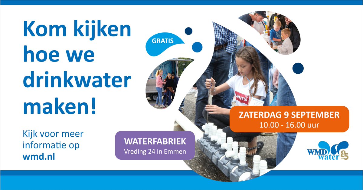 wmdwater's tweet photo. Water stroomt niet zomaar uit je kraan. We laten je tijdens de' WMD Waterdag' zien hoe we water maken. En het mooie is, de handen mogen uit de mouwen. Je mag meehelpen. 
Datum: Zaterdag 9 september 
Tijd: Van 10.00 tot 16.00 uur 
Locatie: Vreding 24 in Emmen https://t.co/VpP7gJKSbw