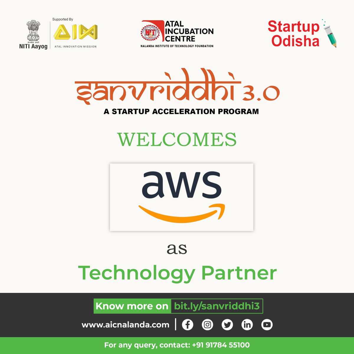 Sanvriddhi 3.0 is glad to onboard @AWSCloudIndia as a Technology  Partner.

@AIMtoInnovate @startup_odisha @Arthayan_in @EmperorMo13 @DurgaGouda @iamroshan98

#aicnalanda #accelerator #program #startups #workshops #networking #funding #scaleup #Sanvriddhi3 #StartupAcceleration
