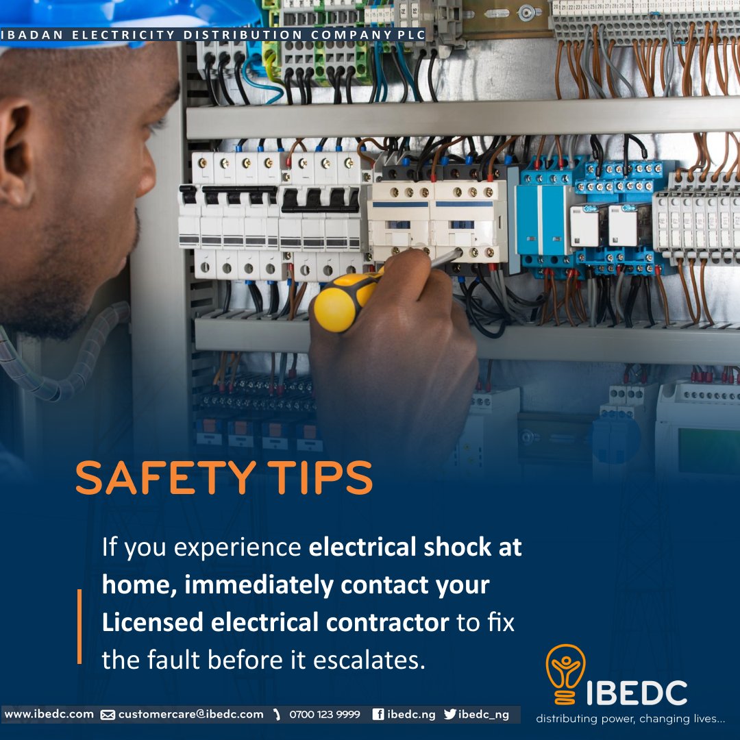 IBEDC_NG's tweet image. Noticing electrical shock in your home? take a quick action by contacting a competent and licensed electrical contractor to fix the faults.
#ibedc #safetytips #electricalfaults #lincensedcontractors #staysafe #distributingpower #changinglives