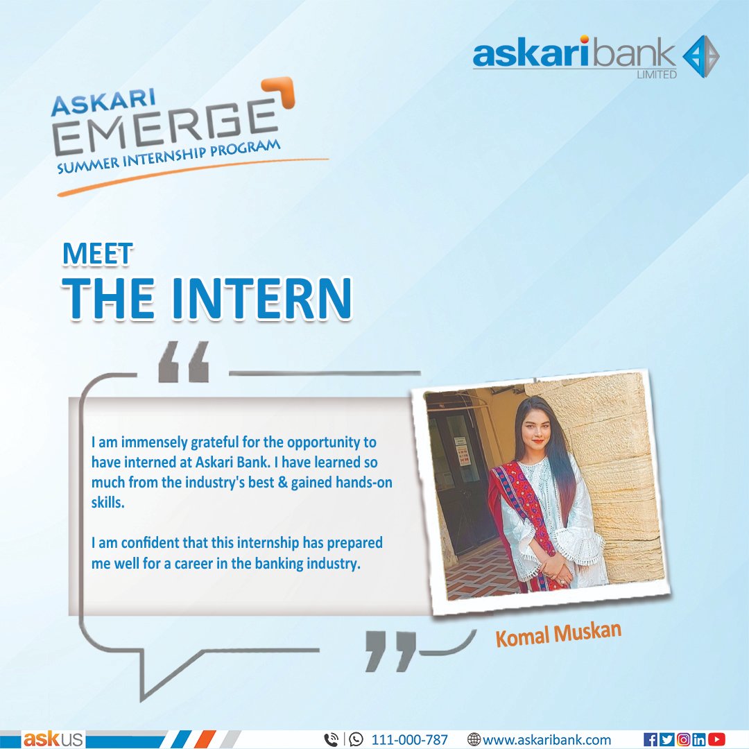 Askari_Bank's tweet photo. Meet The Intern - Komal Muskan | Askari Emerge
#AskariBank #MeetTheIntern #KomalMuskan #AskariEmerge #SummerInternship #Finance #Banking https://t.co/X7Iqze8ZWj