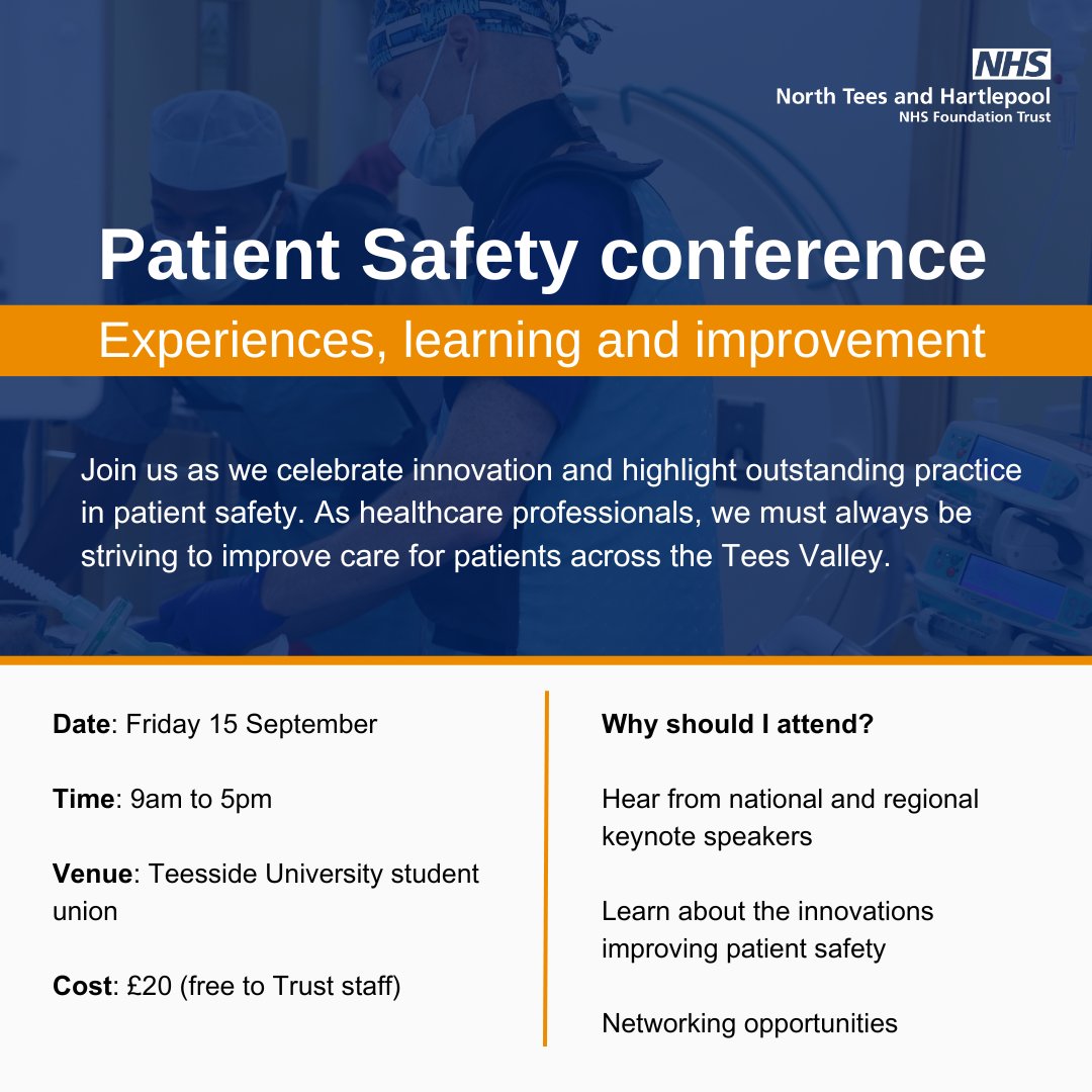 We can’t wait for you join us at our #PatientSafety conference later this week. #NTHPatientSafety23

With keynote speakers from across the country, this event brings together healthcare professionals to celebrate #Innovation and improvement.

More here: nth.nhs.uk/events/patient…