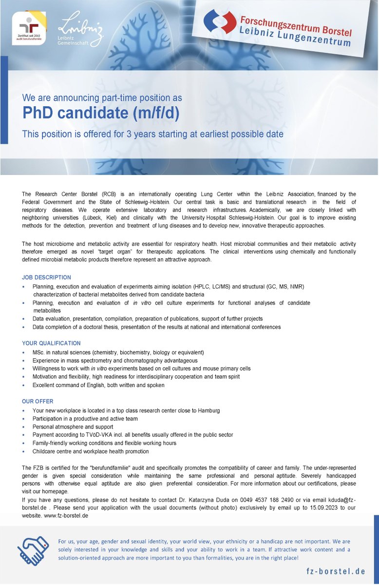🚨Job alert 🚨Interested in host microbial communities and their metabolic activity? The research group "Biofunctional Metabolites and Structures" is looking for a PhD candidate. Position is offered for 3 years starting at earliest possible date.
▶️tinyurl.com/2d29926w