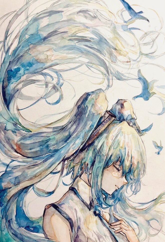 初音ミク「まだ、青い鳥だった頃の初音ミク#アナログ絵  」|タカハシシオンのイラスト