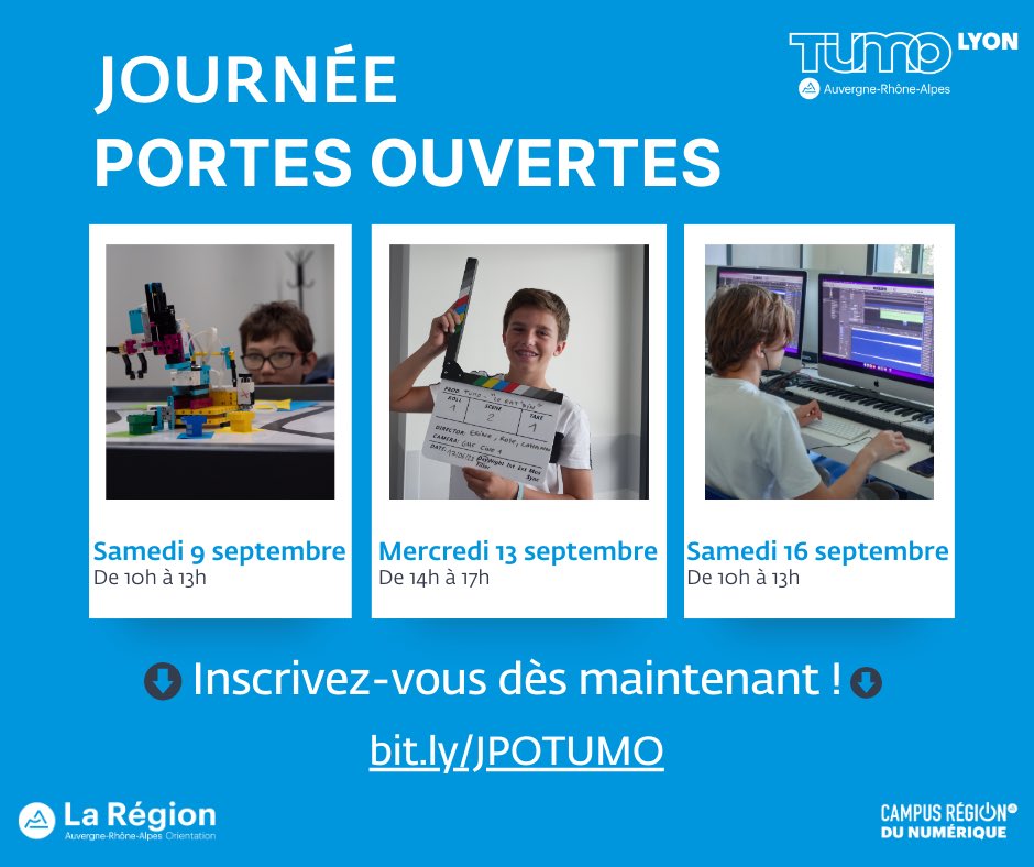 📢 Rendez-vous à la rentrée pour découvrir #TUMO Lyon Auvergne-Rhône-Alpes lors de ses journées portes ouvertes ! 📅 Samedi 9/09 de 10h à 13h 📅 Mercredi 13/09 de 14h à 17h 📅 Samedi 16/09 de 10h à 13h 👉 Plus d'infos : campusnumerique.auvergnerhonealpes.fr/decouvrez-tumo…