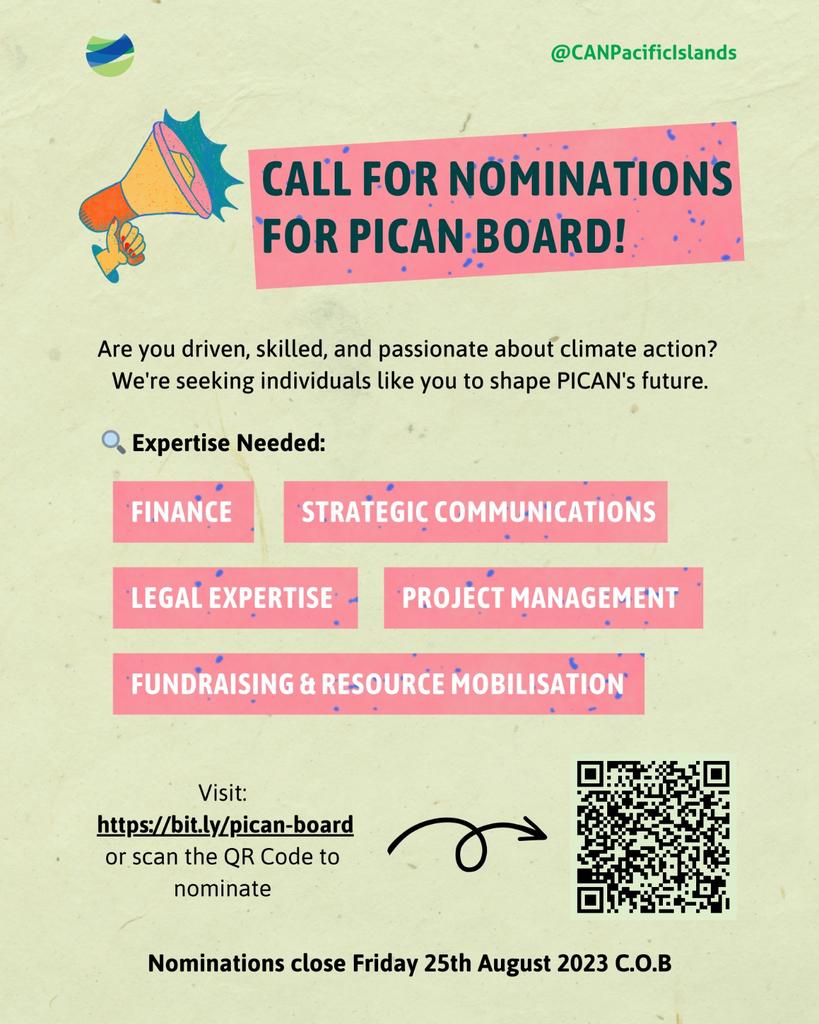 Join the board of PICAN, help the climate movement in the Pacific @SamisoniPareti @wwfpacific @350Pacific @Pacific_2030 @CANIntl @VanuatuIcj @Virisil