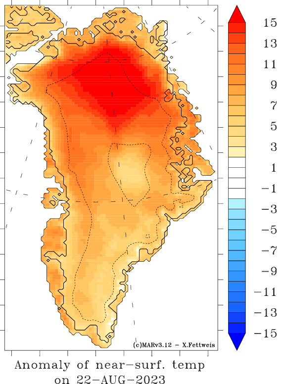 xavierfettweis's tweet image. Extreme surface melt (SMB ~ -10 GT/day) today and tomorrow over the Greenland ice sheet for the end of this melt season as a result of +15°C temperature anomalies. It is the highest melt event for this time of the year from the beginning (1940) of the MAR model reconstructions