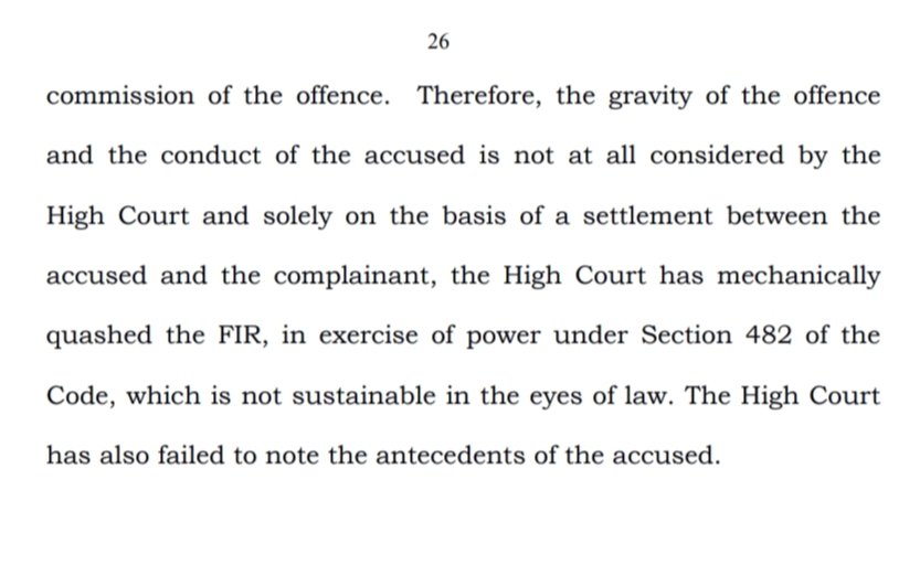 Sec 482 of CrPC provides for inherent powers of HC. Quashing of proceedings on the ground of compromise b/w parties is most common relief prayed u/ this sec
But
Can there be any compromise in cases such as 307 IPC ? Hon'ble SC recently in State of MP v. Laxmi Narayan laid down 👇