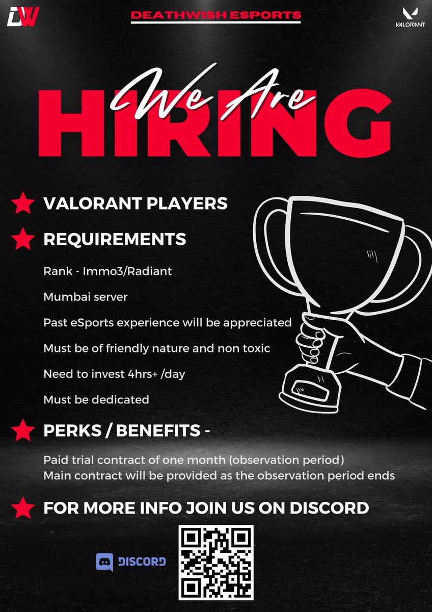 DWeSports29's tweet photo. ❤️ DeathWish eSports Valorant Team - Recruitment Announcement
💯Google Form - https://t.co/xyb3i1qnv3

Regards
[DW eSports]

#valorant #esports #recruitment #roster #viral #trending #dwesports #deathwishesports https://t.co/o90W4gsISY