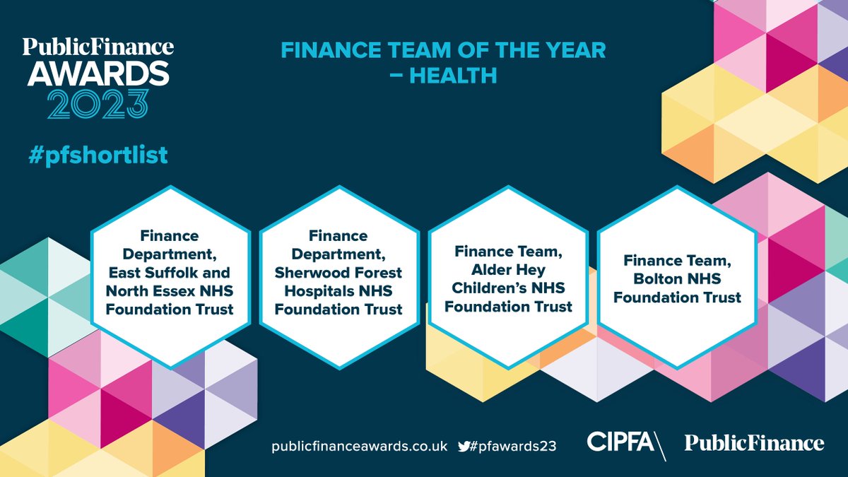 Completing the #pfshortlist for Finance Team of the Year – Health are:
Finance Team, Alder Hey Children's NHS Foundation Trust
Finance Team, Bolton NHS Foundation Trust <a href="/BFTNHSFinance/">Bolton NHS FT Finance Team</a>
#pfawards23 (2/2)