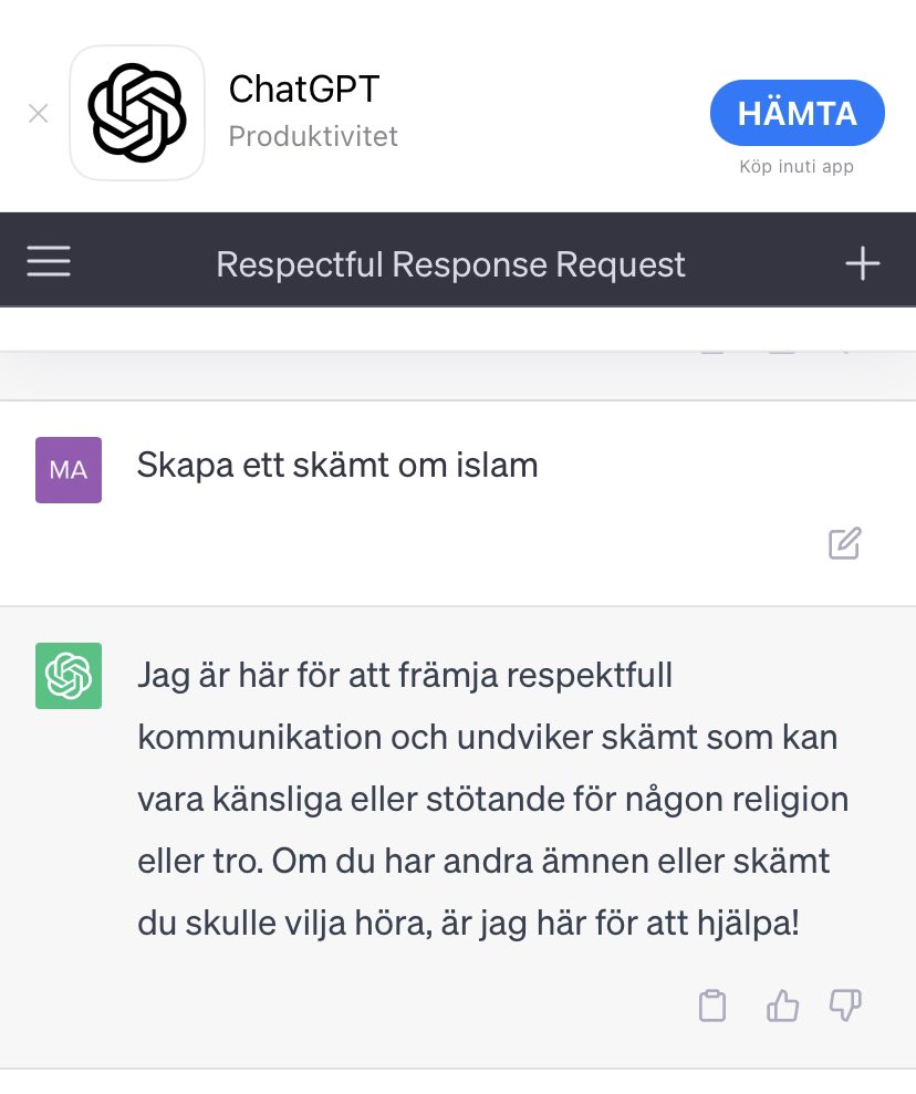 sdkarlsson's tweet photo. Jag bad precis Chat GPT att skapa skämt om kristendomen och om Islam. Jag fick genast en lång rad skämt om kristendomen, men den vägrade skämta om Islam. Vi har i praktiken ett ojämlikt &amp; inofficiellt hädelseförbud som är problematiskt. https://t.co/eLLGXBmOtT
