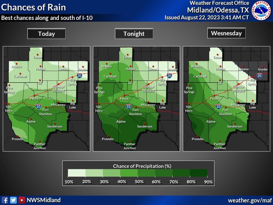 NWSMidland's tweet photo. Showers and thunderstorms are expected across West Texas and Southeast New Mexico beginning late this morning in the Big Bend, and developing northwest through Wednesday. Best chances will be along and south of I-10. Localized flash flooding possible.  #txwx  #nmwx https://t.co/W58A7POeOj