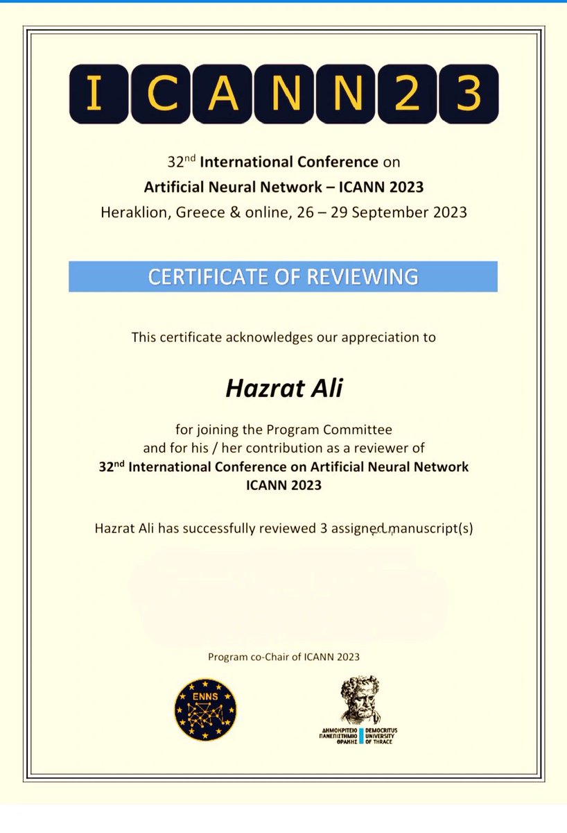 I had the opportunity to serve on the program committee of this wonderful conference by the European Neural Network Society. 
Thank you for the recognition.
#neuralnetworks #artificialintelligence #research #reviewpaper #icann