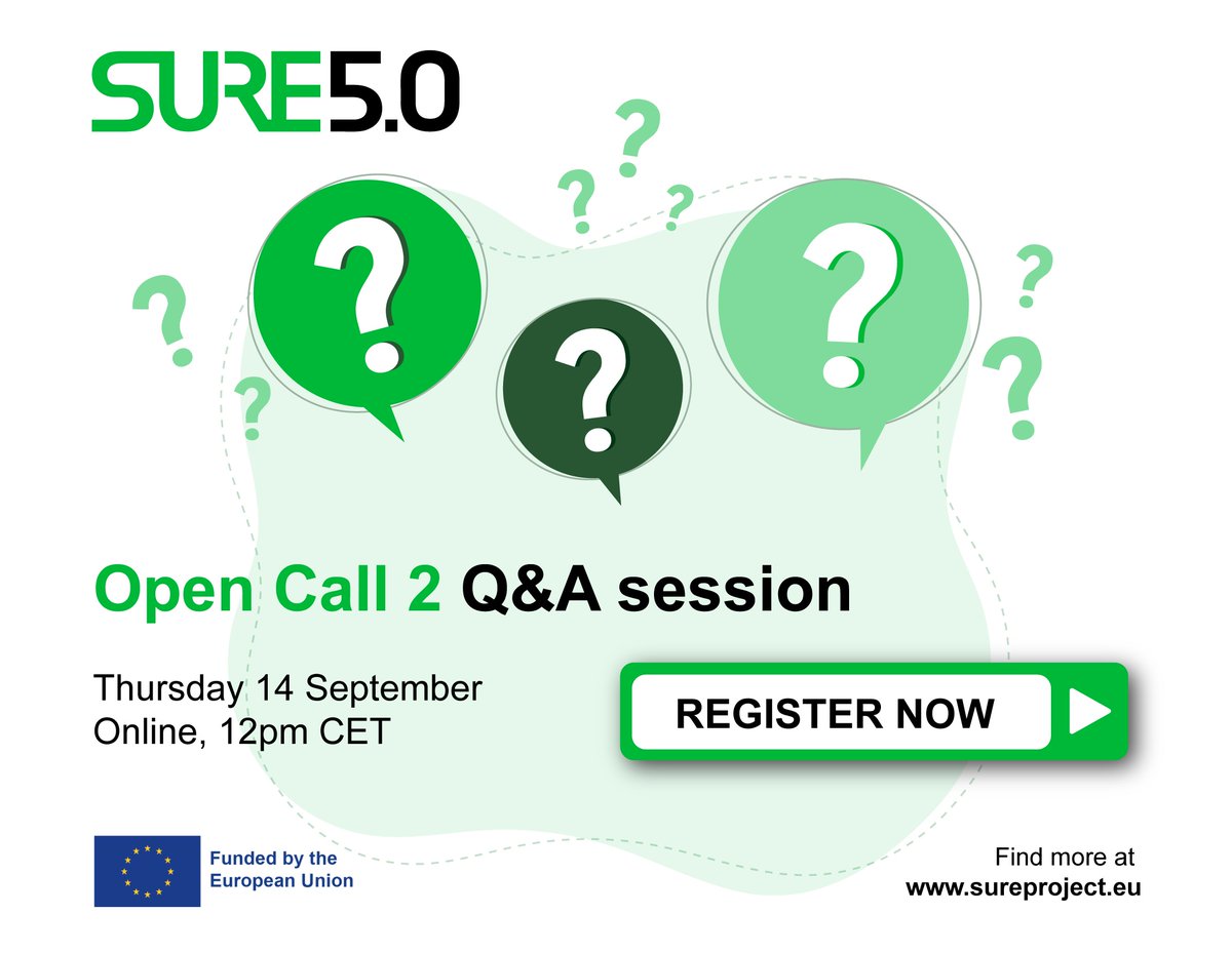 SURE5.0 (@sureproject) on Twitter photo Are you interested in the second Acceleration Programme of SURE5.0❓
Join the Q&A session on 14 September! 🗓️
We will answer all your questions and help you to submit the best proposal!
REGISTER HERE ➡️ f6s.com/sure5.0-qa-ses…
<a href="/EU_Commission/">European Commission</a> Are you interested in the second Acceleration Programme of SURE5.0❓
Join the Q&A session on 14 September! 🗓️
We will answer all your questions and help you to submit the best proposal!
REGISTER HERE ➡️ f6s.com/sure5.0-qa-ses…
<a href="/EU_Commission/">European Commission</a>